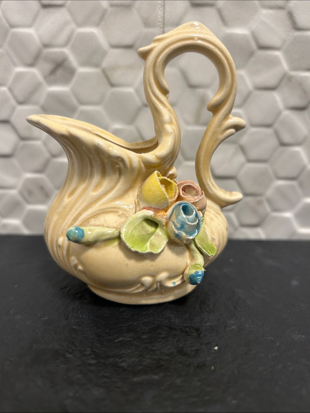 Vintage Mini Pitcher Creamer - Applied 3D Roses Swan Handle - Collectible 4in